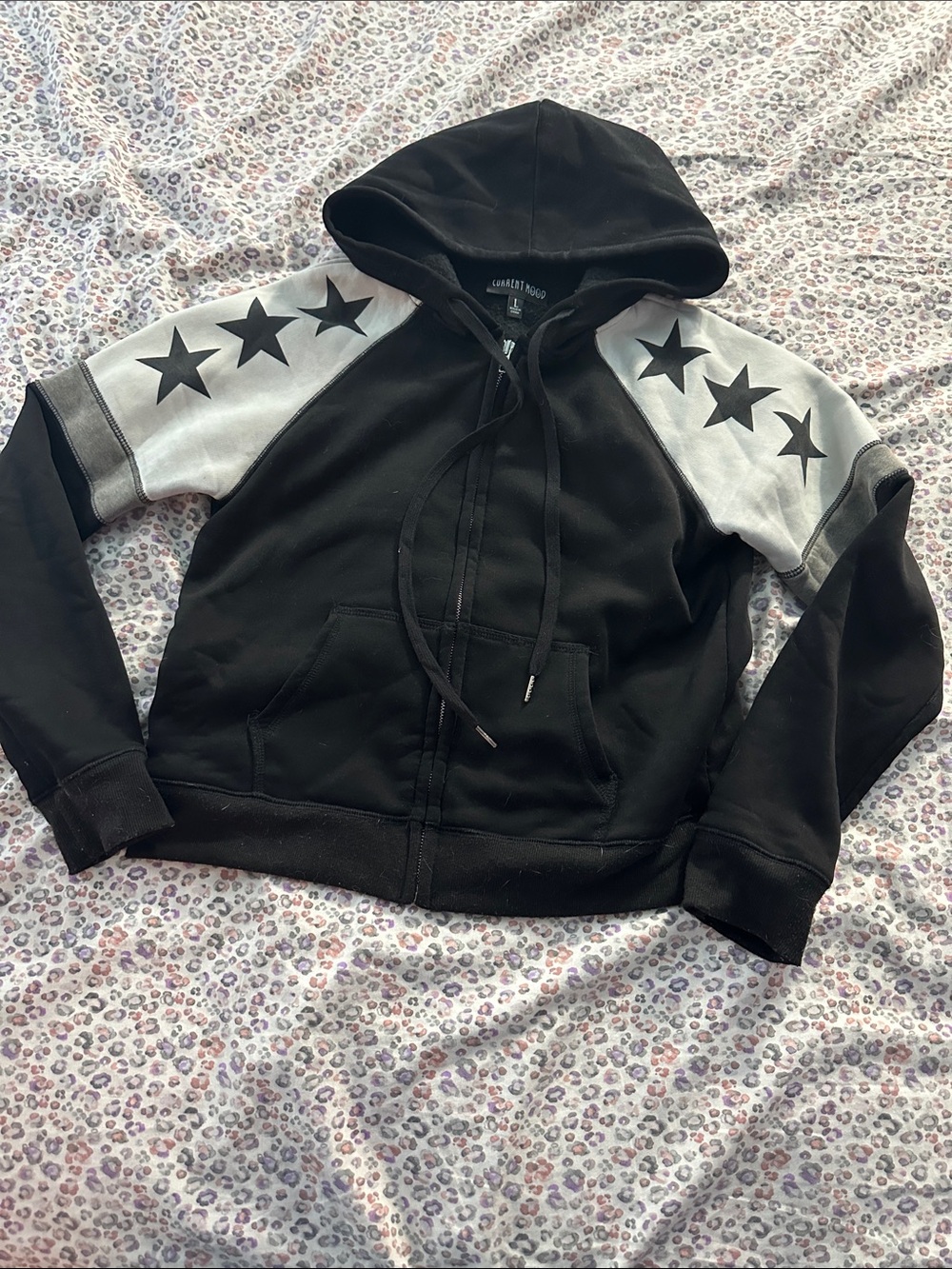Current Mood Black Hoodie with Gray Star-Print Sleeves